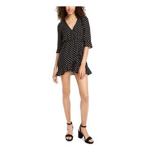 Q+A Los Angeles Womens Black Polka Dot 3/4 Sleeve V Neck Mini Wrap Dress M